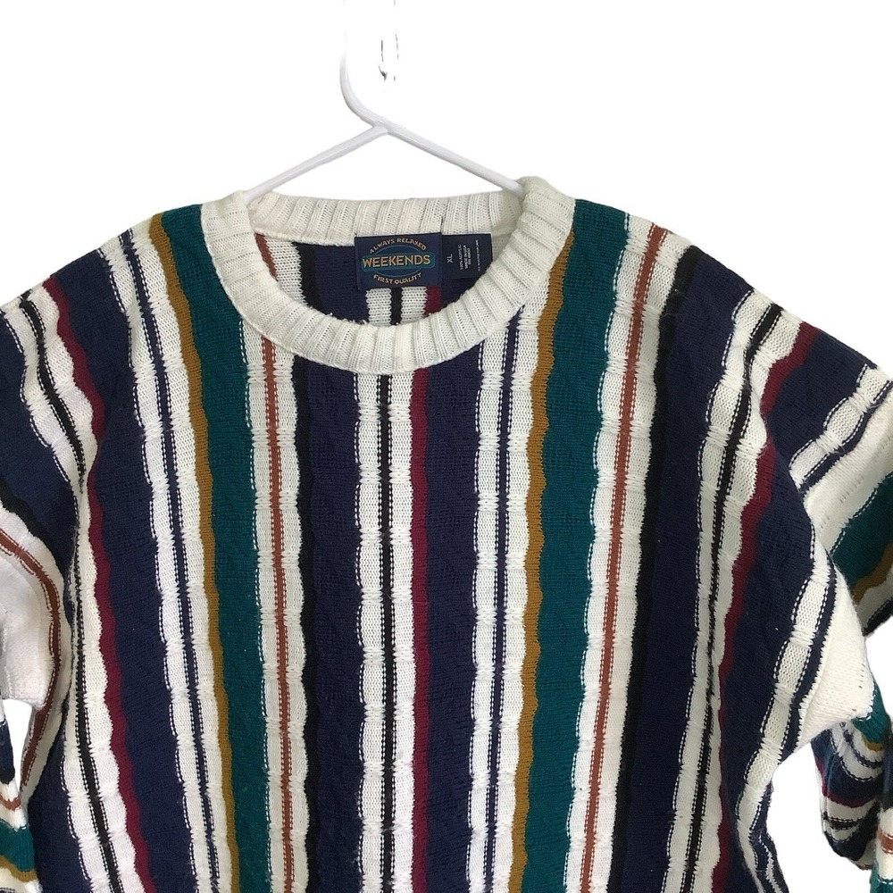 Vintage Mens XL Striped Knit Sweater Retro 90s Colorblock Crewneck Pullover - Picture 4 of 6